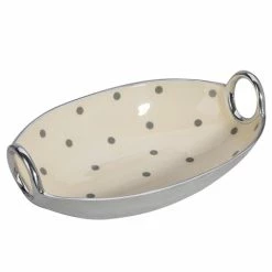 Flair Decor - Polka Dot Grey & Cream Oval Bowl W/Handles